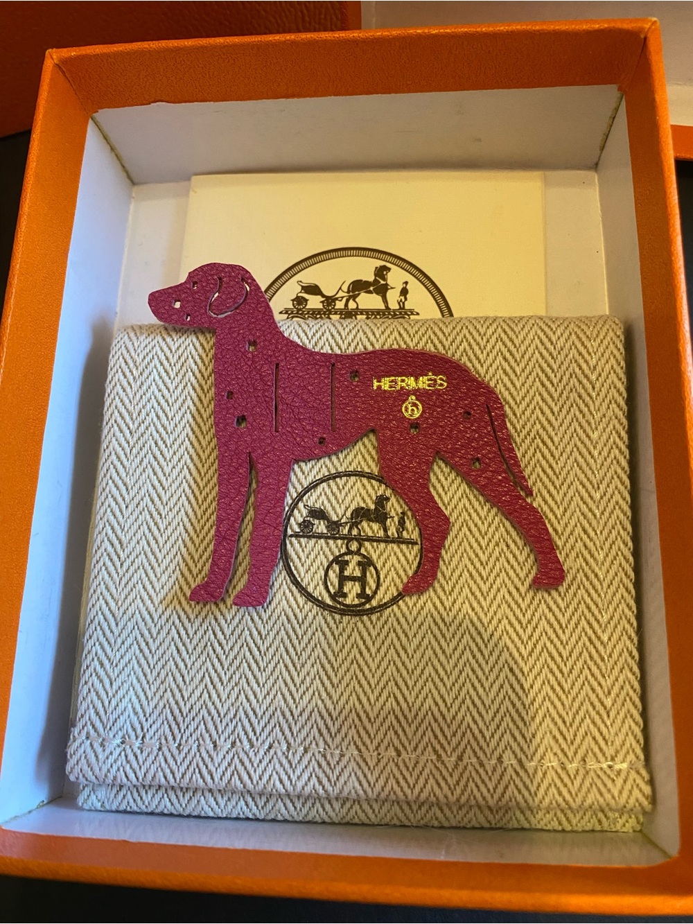 Hermès Petit H Pink Leather Dalmatian Charm with Hermes’ Ribbon. Authentic.
